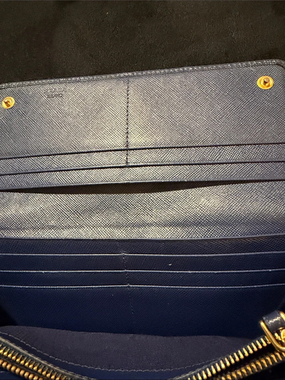Prada Navy Blue Saffiano Leather Continental Wallet with Gold Logo